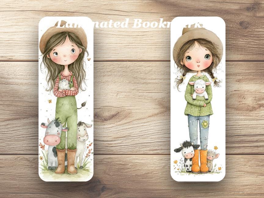 Cute Little Farm Girl Laminated Bookmarks. A set of 4 laminated featuring farm girls and pet animals. Ideal gift for book lovers or yourself