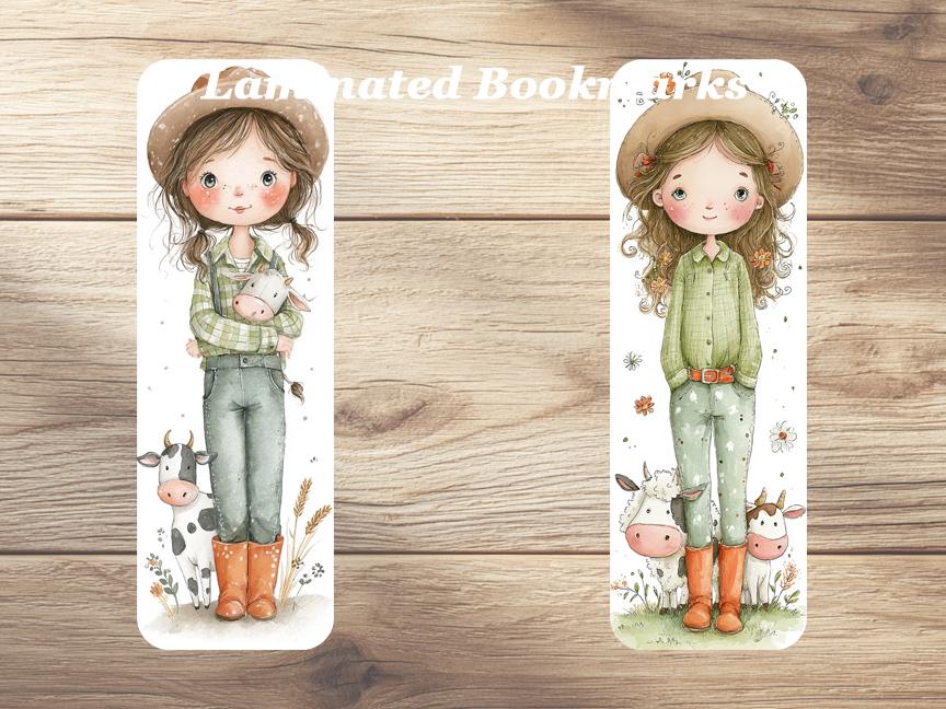 Cute Little Farm Girl Laminated Bookmarks. A set of 4 laminated featuring farm girls and pet animals. Ideal gift for book lovers or yourself