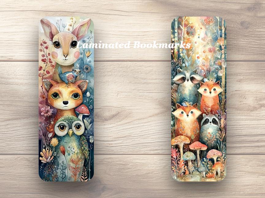 Whimsical Woodland Animals Laminated Bookmarks A set of 4 bookmarks featuring cute woodland creatures Ideal gift for booklovers or yourself