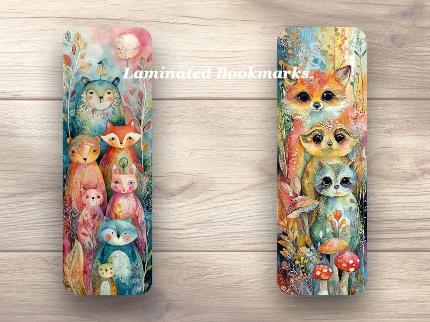 Whimsical Woodland Animals Laminated Bookmarks A set of 4 bookmarks featuring cute woodland creatures Ideal gift for booklovers or yourself