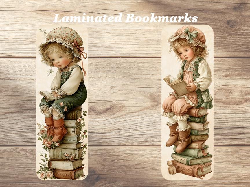 Vintage Little Girls Reading Laminated Bookmarks. Set of 4 Vintage Book Marks. Ideal Gift for Book Lovers, Readers or yourself!