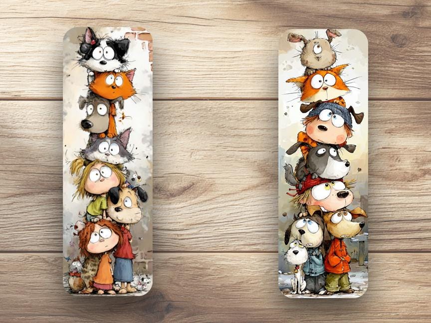 Crazy Kids, Cats and Dogs Laminated Bookmarks. A set of 4 bookmarks ready for marking your page. Ideal gift for all book lovers or yourself!