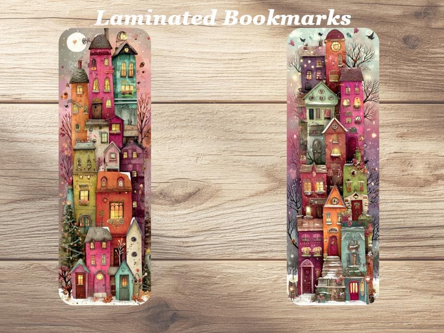 Whimsical Winter Village Laminated Bookmarks Set of 4 different designs Cute Winter Scenes. Idela gift for book lovers, readers or yourself!