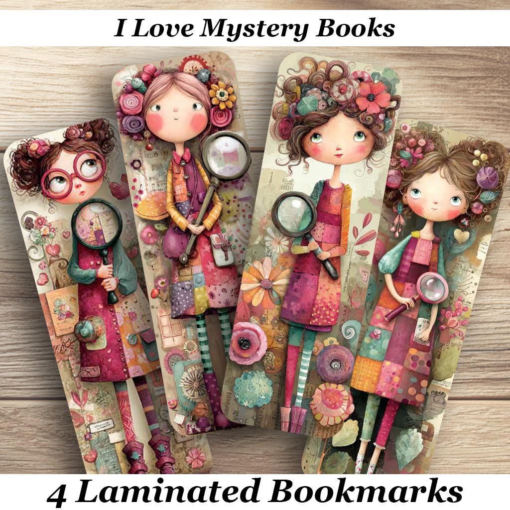 I Love Mystery Books Laminated Bookmarks. Set of 4 whimsical Book Marks Ideal gift for book lovers, readers, book clubs or just for yourself