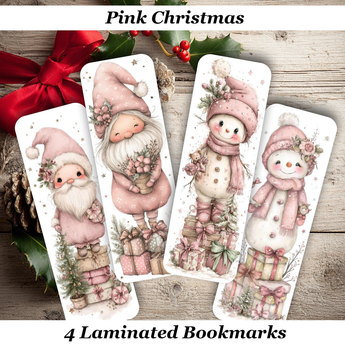 Pink Christmas Laminated Bookmarks. Set of 4. Gift for book lovers, readers or for yourself!