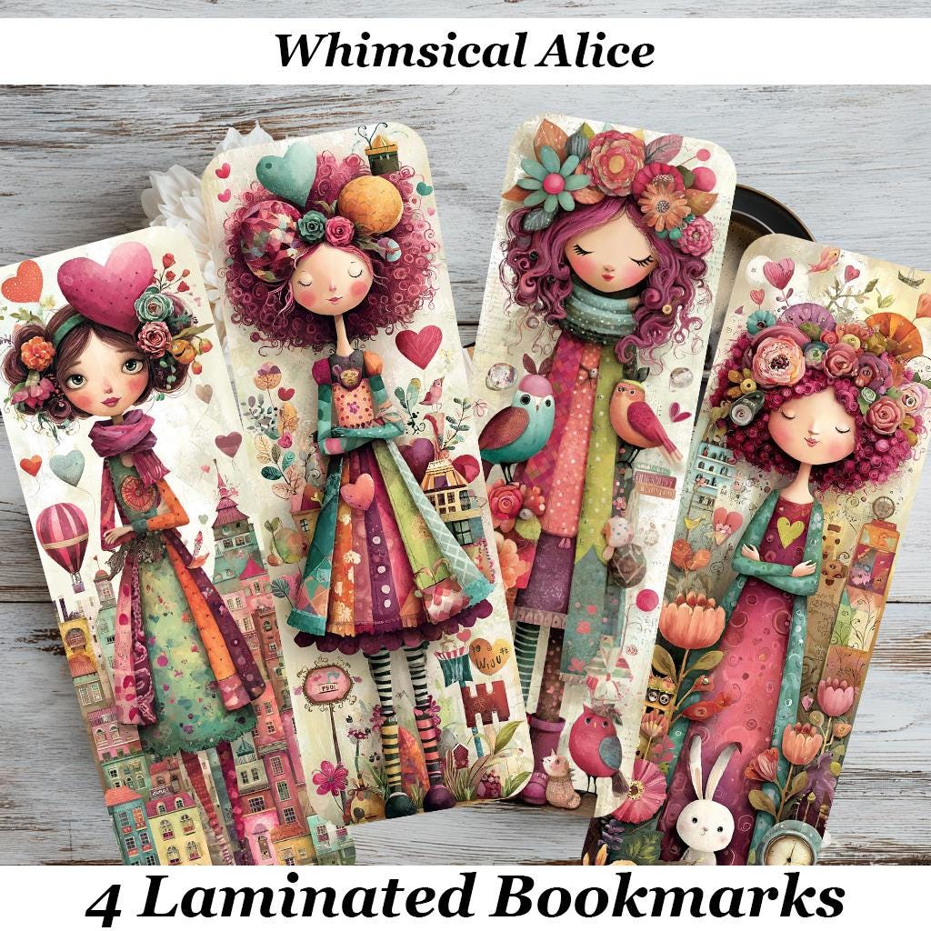 Whimsical Alice Laminated Bookmarks. Set of 4 different designs. Ideal gift for book lovers, readers, book clubs or for yourself!