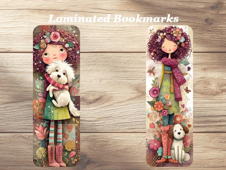 I Love Dogs Laminated Bookmarks. Set of 4 cute bookmarks featuring dogs and their owners. Gift for book lovers, readers or yourself!