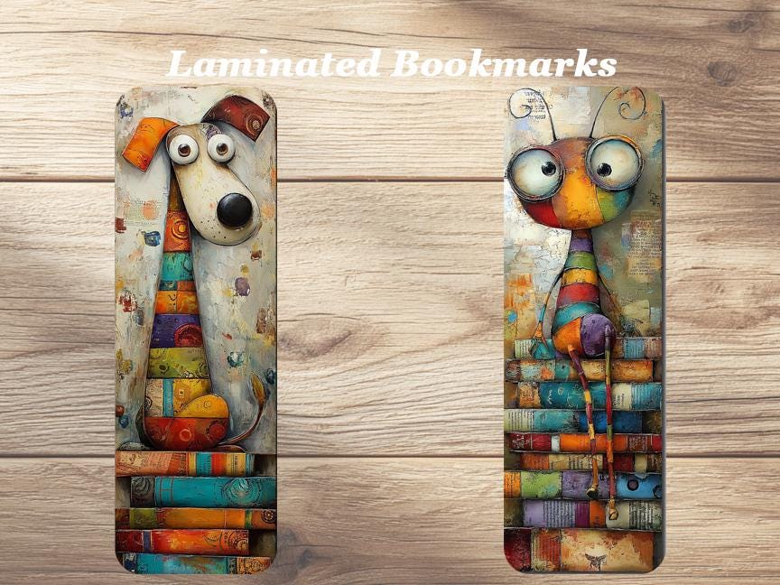 Whimsical Bookworms Laminated Bookmarks. Set of 4 different designs. Ideal gift for book lovers, readers, book clubs, kids or yourself!