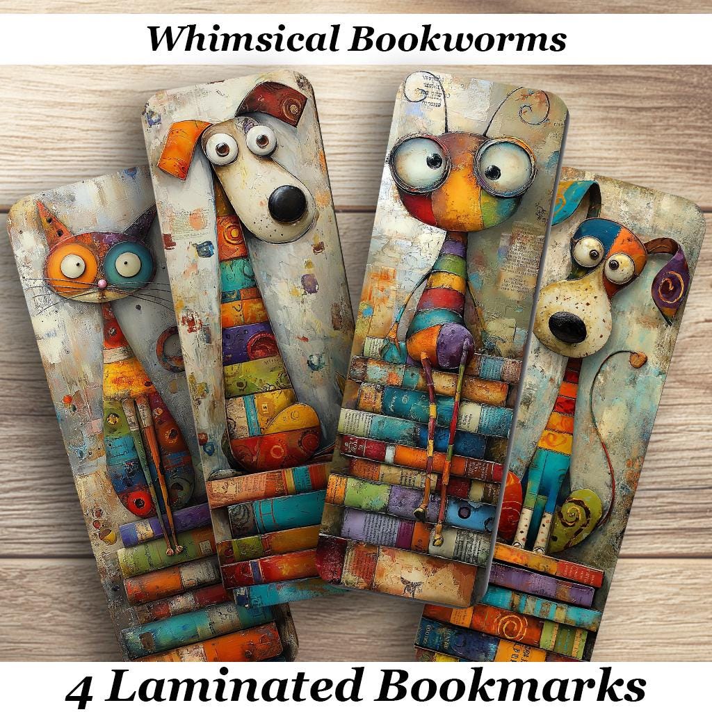 Whimsical Bookworms Laminated Bookmarks. Set of 4 different designs. Ideal gift for book lovers, readers, book clubs, kids or yourself!