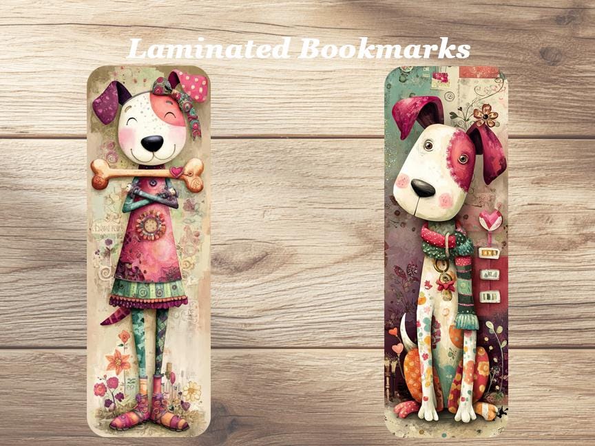 Whimsical Dogs Laminated Bookmarks. Set of 4 Cute Canine Book Marks. Idela Gift for Book Lovers, Readers, Kids or just for yourself!