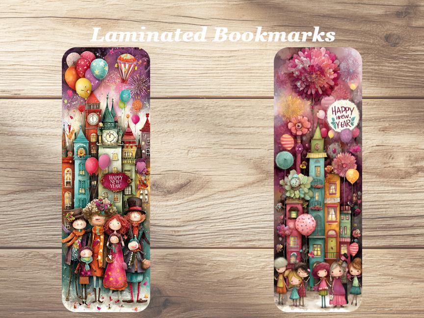 Whimsical Happy New Year Laminated Bookmarks. Set of 4 joyful book marks. Ideal for New Year, Book Lovers, Readers or for yourself!