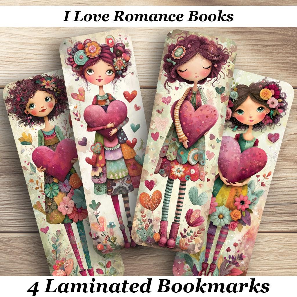 I Love Romance Books Laminated Bookmarks. Set of 4 whimsical romantic book marks. Ideal gift for book lovers, readers or for yourself!