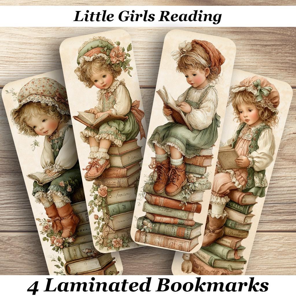 Vintage Little Girls Reading Laminated Bookmarks. Set of 4 Vintage Book Marks. Ideal Gift for Book Lovers, Readers or yourself!