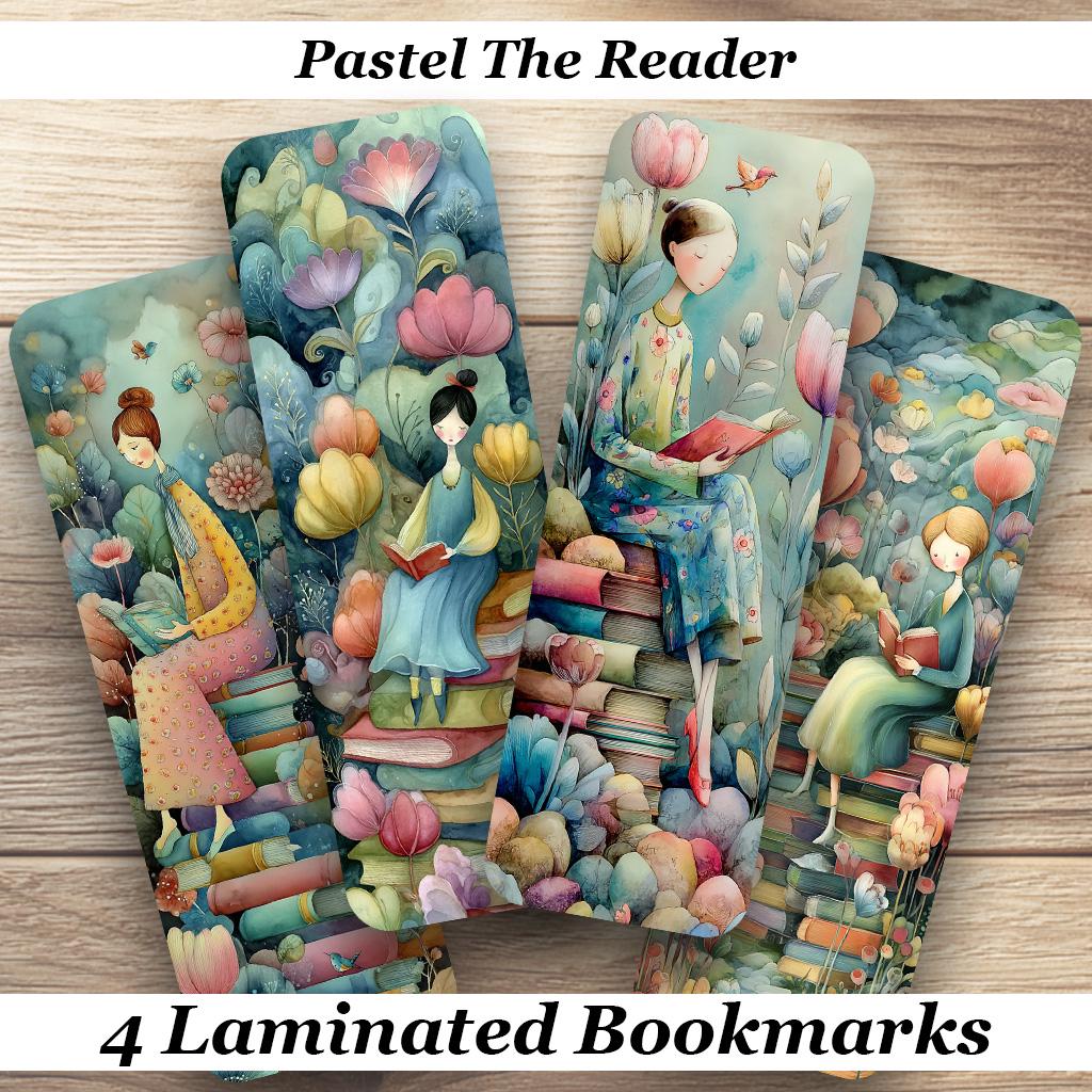 Pastel The Reader Laminated Bookmarks. Set of 4 different images. Ideal gift for Book Lovers, Readers, Book Clubs or just yourself!