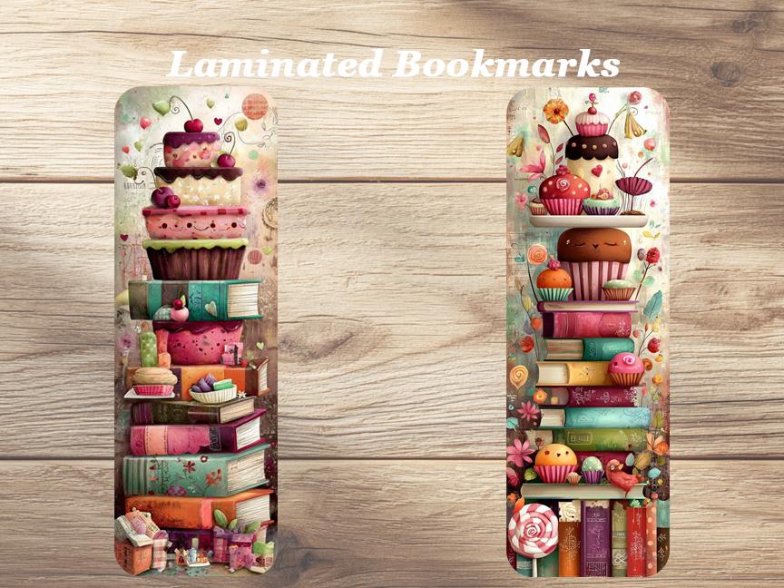 Tea + Cake + Books = Bliss Laminated Bookmarks. Set of 4 whimsical book marks. Ideal gift for book lovers, tea drinkers and cake eaters