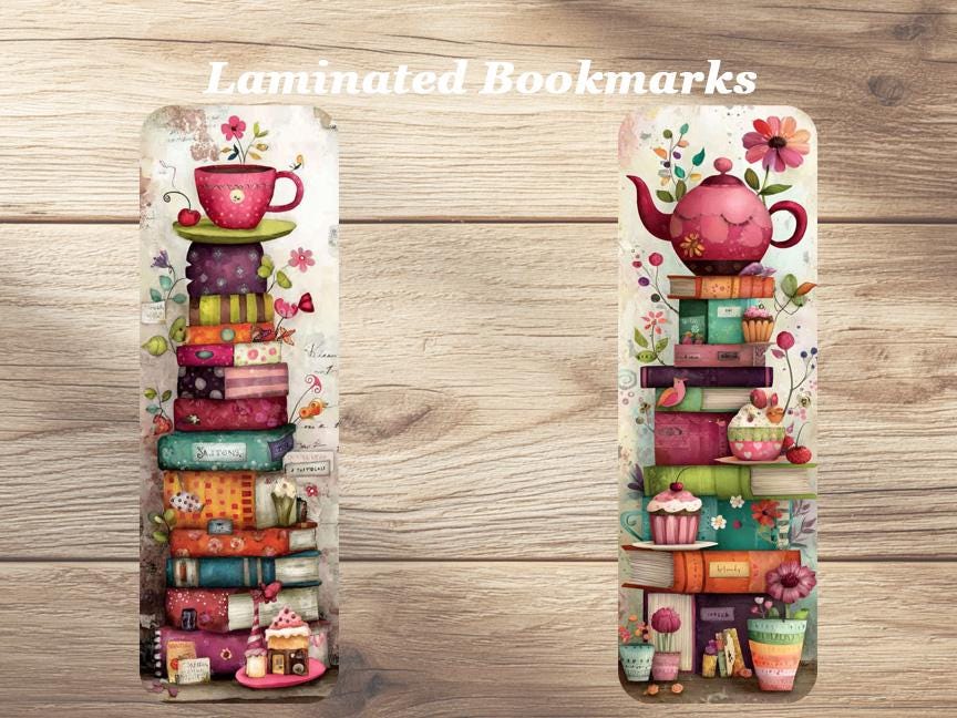 Tea + Cake + Books = Bliss Laminated Bookmarks. Set of 4 whimsical book marks. Ideal gift for book lovers, tea drinkers and cake eaters