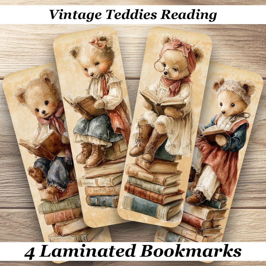 Vintage Teddies Reading Laminated Bookmarks. Set of 4 Teddy Book Marks. Ideal gift Book Lovers, Readers, Kids, Book Clubs or yourself.