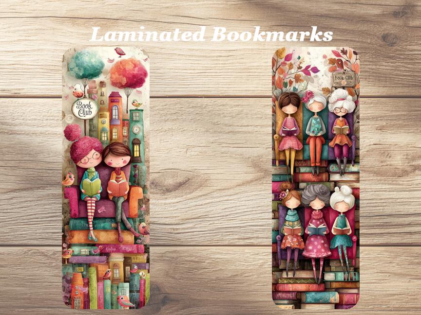 Whimsical Book Club Laminated Bookmarks. Set of 4 cute book marks. Ideal gift for book club members, book lovers, readers or yourself!!