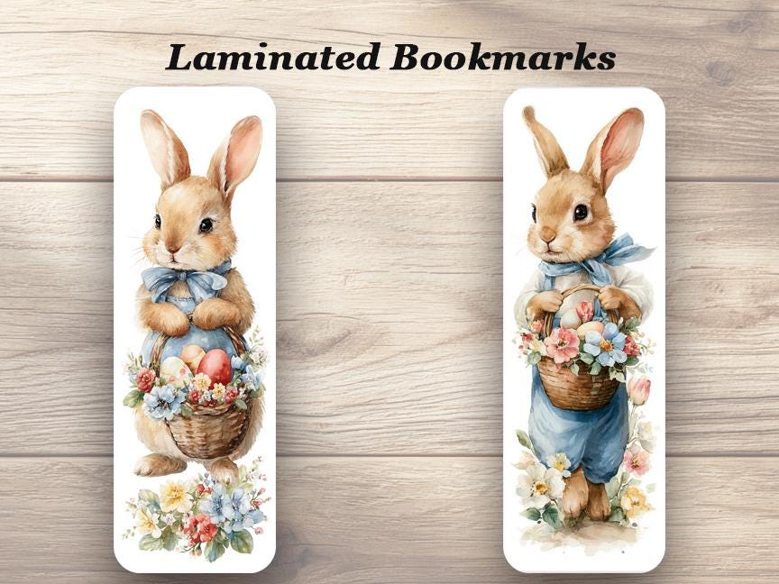 Cute Easter Bunny Laminated Bookmarks. Set of 4 different Easter Bunnies with a basket of chocolate eggs! Gift for Easter, Book Lovers etc.
