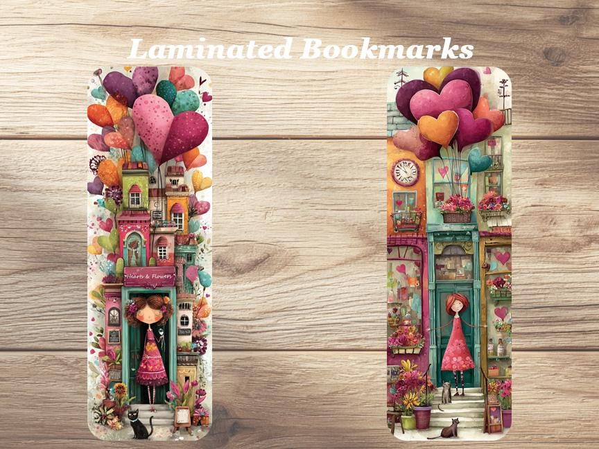 Whimsical Hearts and Flowers Laminated Bookmarks. Set of 4 Vaalentine's Day themed book marks. Ideal gift for Book Lovers, Sweethearts