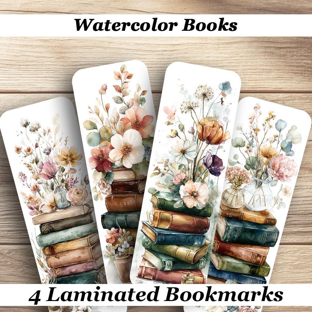 Watercolor Books Bookmarks. Set of 4 Laminated Floral Bookmarks for Book Lovers