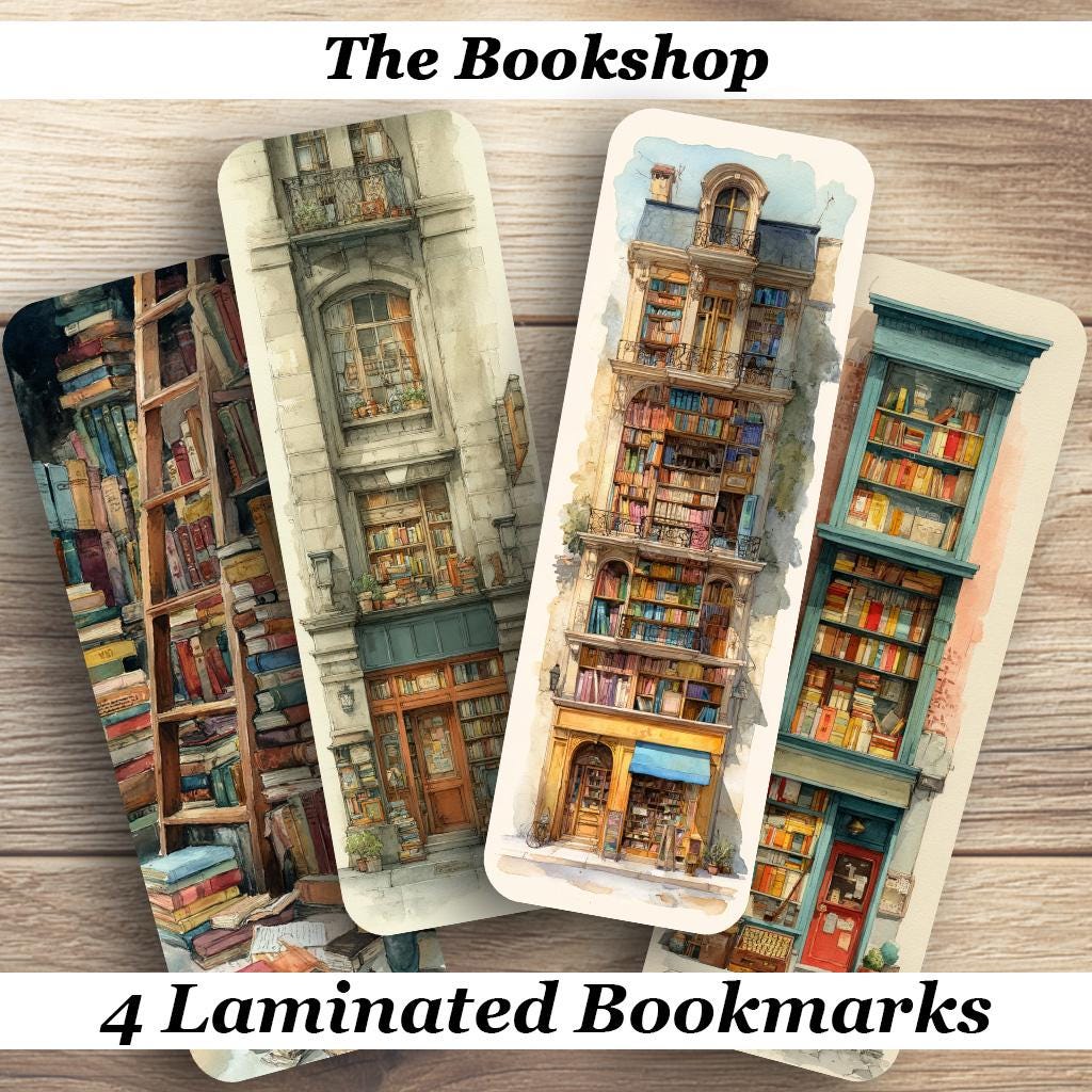 The Book Shop Laminated Bookmarks. Set of 4 lovely Book Marks. Ideal gift for book lovers, readers, book clubs or just for yourself!