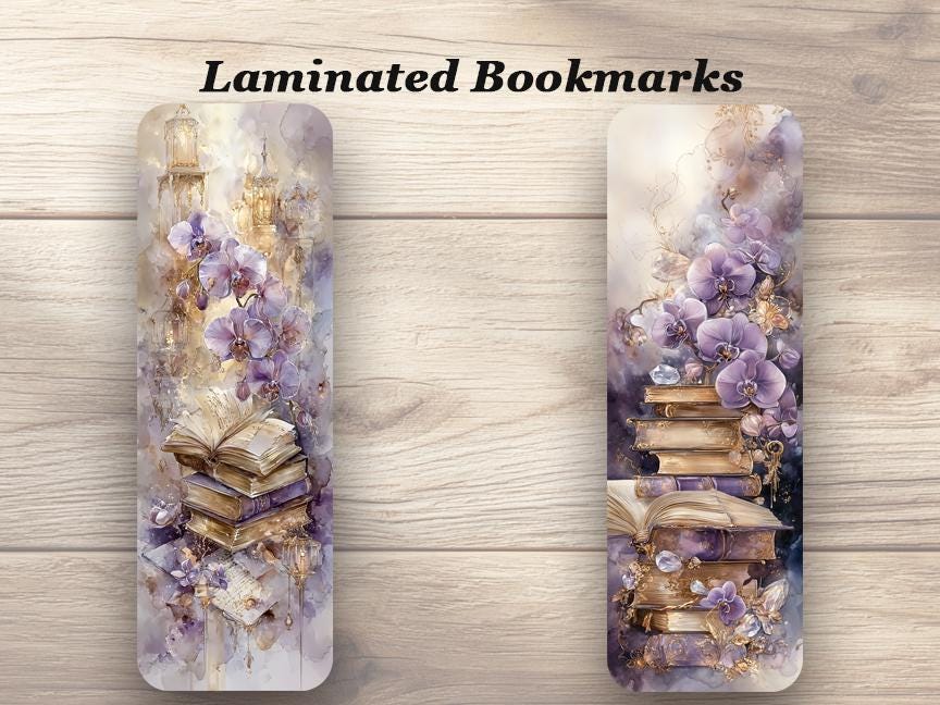 Vintage Purple and Gold Books Laminated Bookmarks. Set of 4 delightful book marks. ideal gift for book lovers, readers, book clubs, yourself
