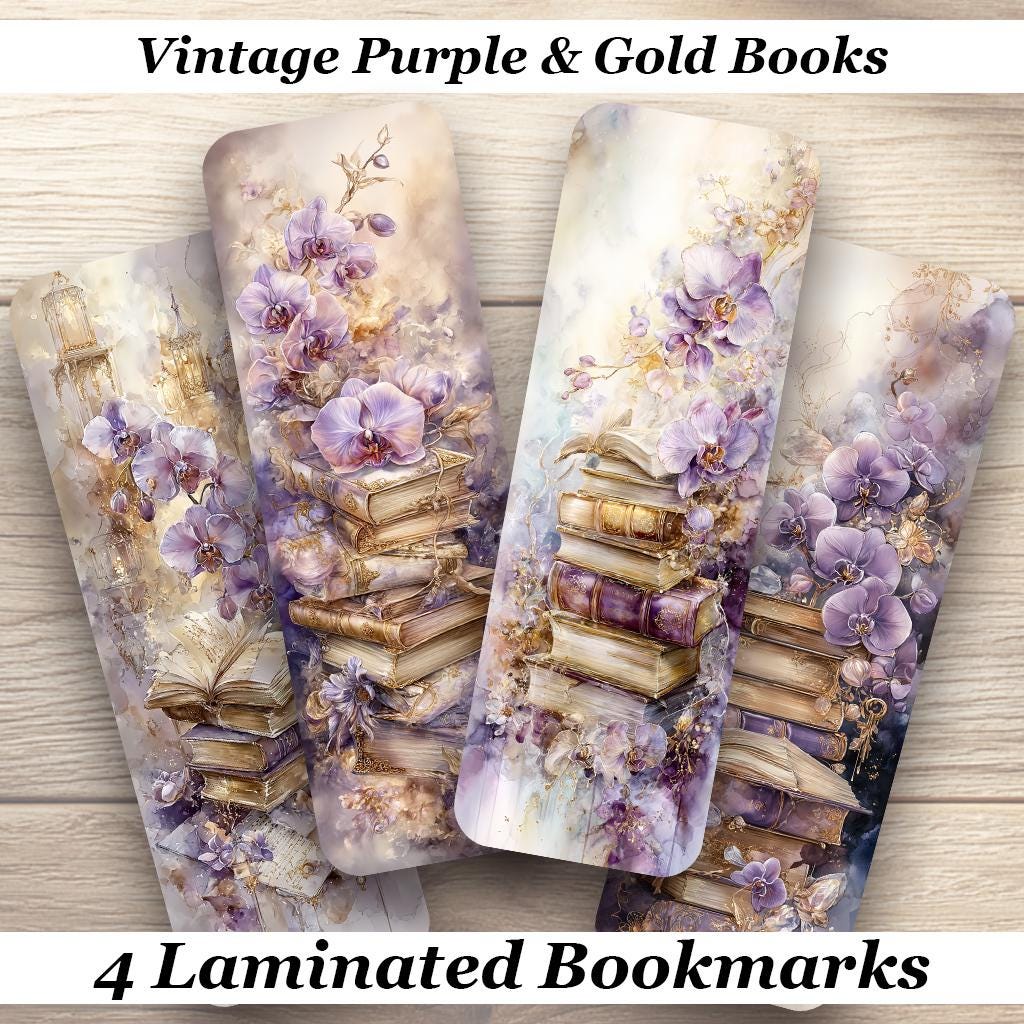 Vintage Purple and Gold Books Laminated Bookmarks. Set of 4 delightful book marks. ideal gift for book lovers, readers, book clubs, yourself