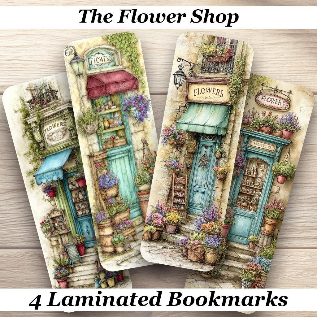 The Flower Shop Laminated Bookmarks. Set of 4 different designs. Ideal gift for book lovers, flower lovers, readers, book club.