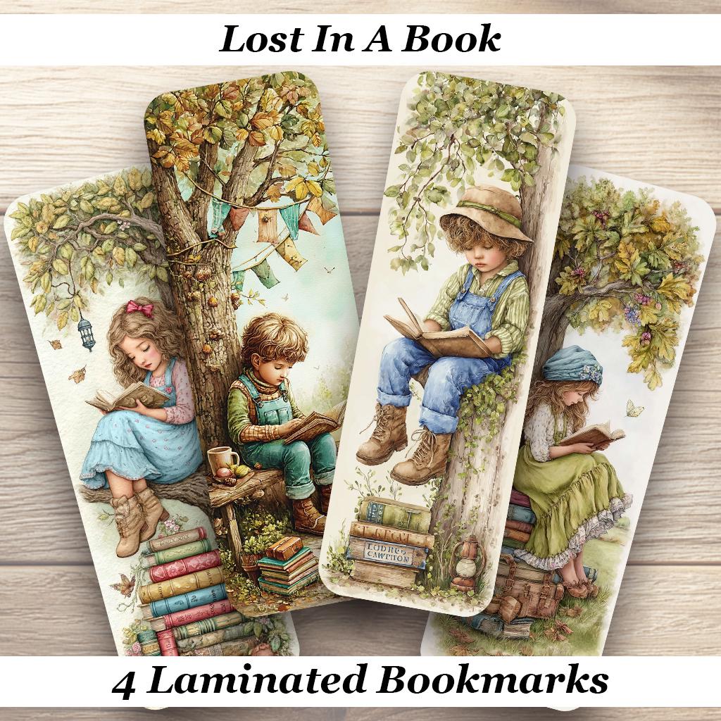 Lost In A Book Laminated Bookmarks. Set of 4 different designs. Ideal gift for Book Lovers, Readers, Book Clubs or yourself!