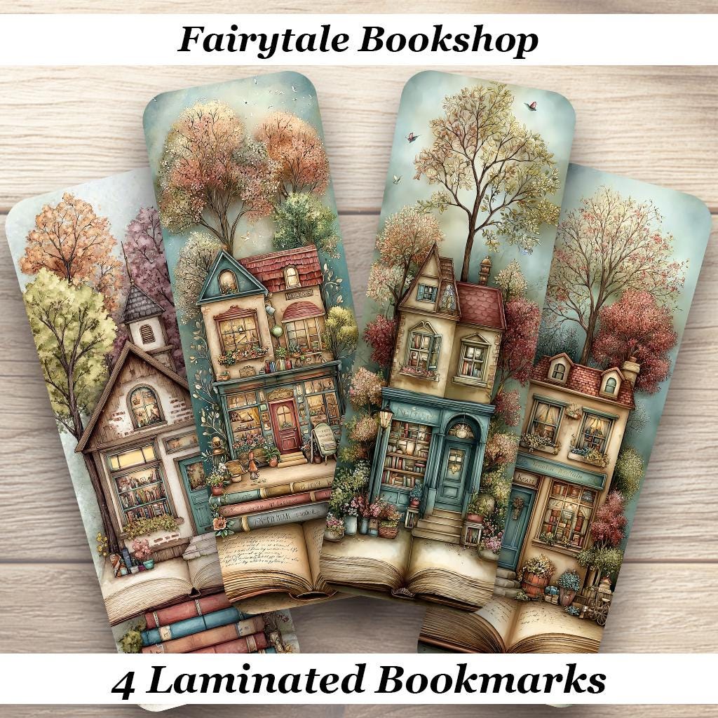Fairytale Bookshop Bookmarks. Set of 4 Laminated Whimsical Bookstore Book Marks. Book Lover Gift.