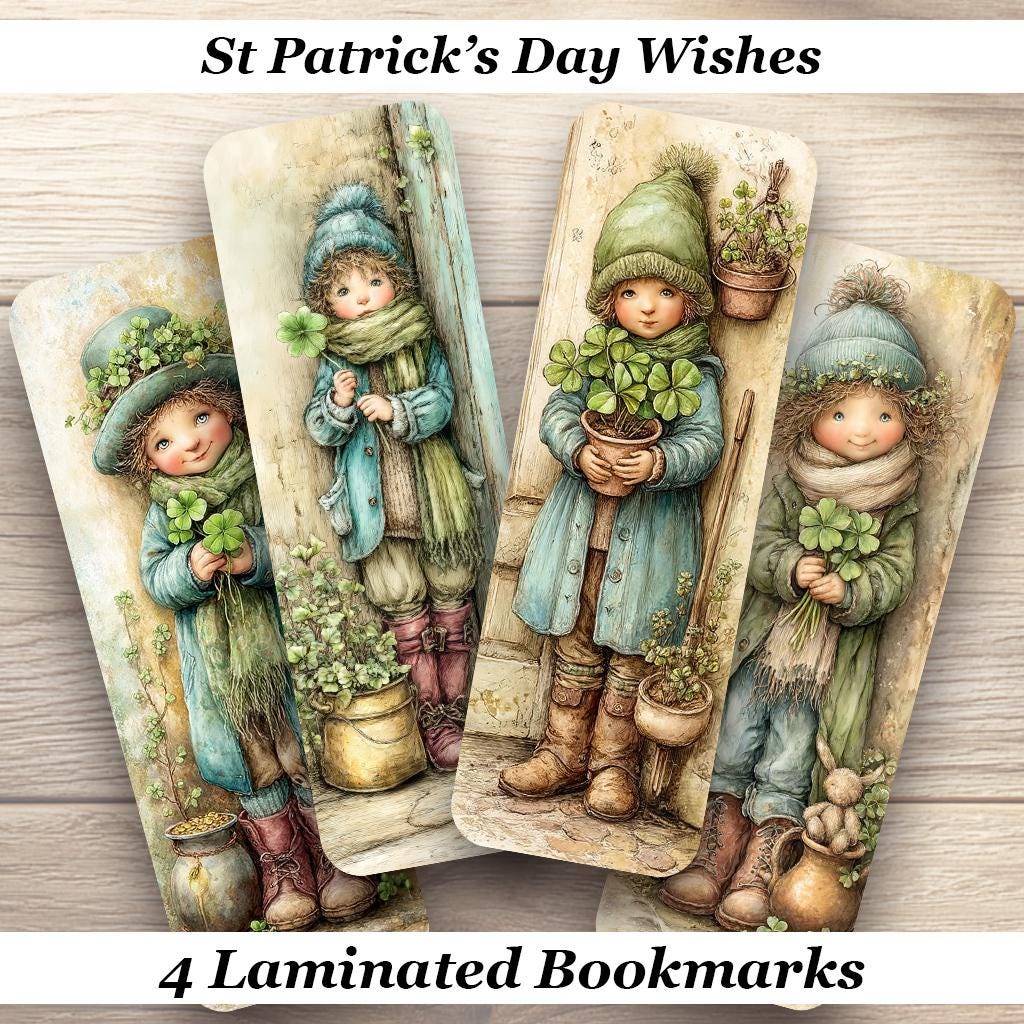 St Patrick's Day Wishes Laminated Bookmarks. Set of 4 different vintage style designs. Ideal gift for book lovers, readers, book clubs.