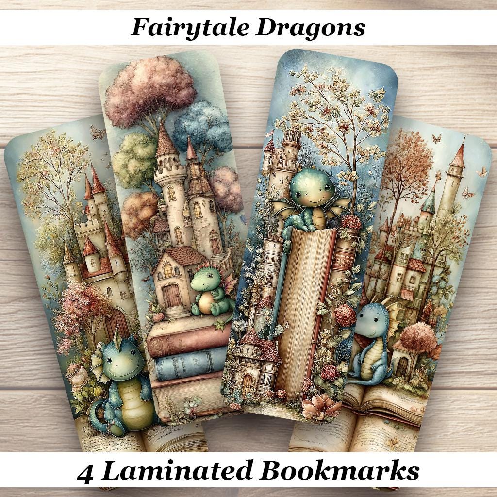 Fairytale Dragon Bookmark Set of 4 Laminated Cute Dragon Bookmarks. Book Lover Gift