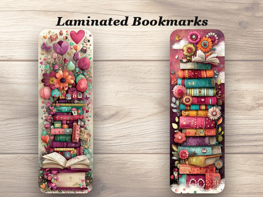 Books, Books & More Books Laminated Bookmarks. Set of 4 different whimsical designs. Gift for book lovers, book clubs, or yourself!