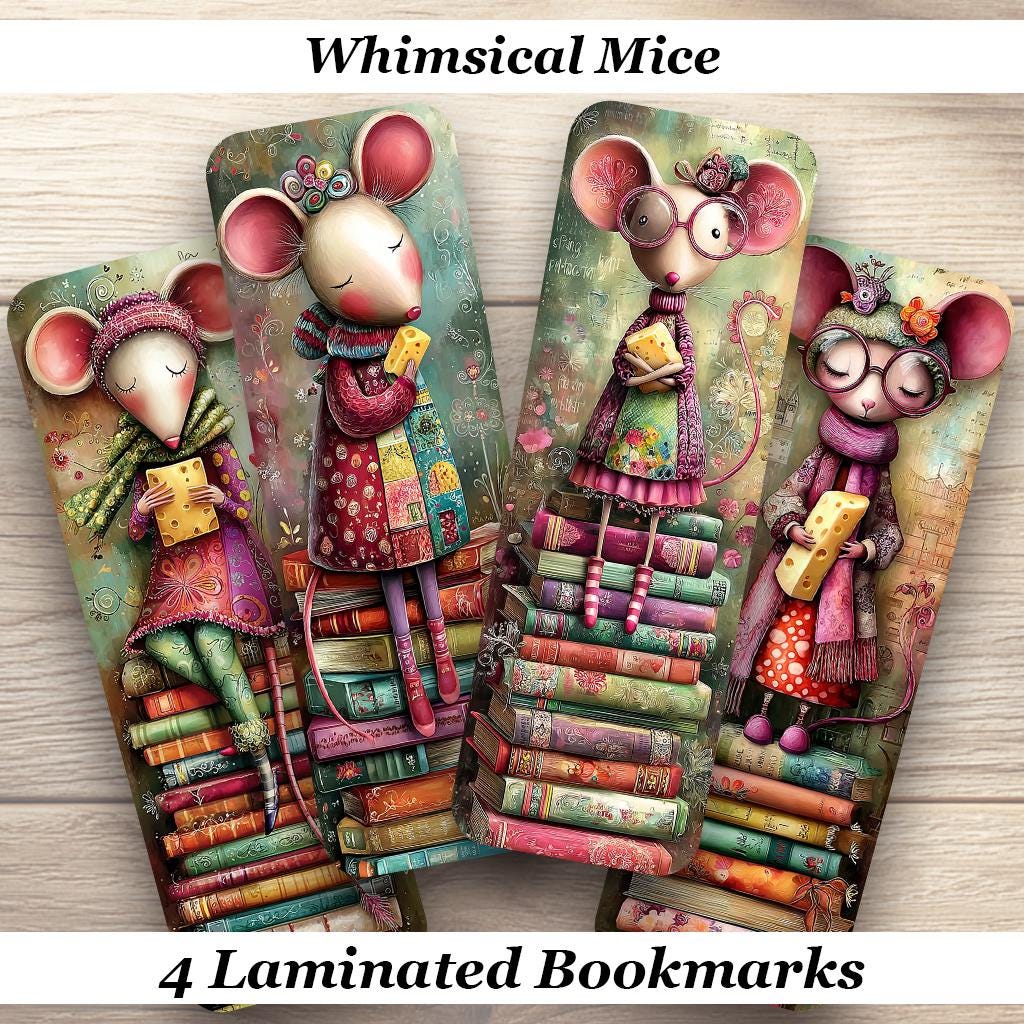 Whimsical Mice Laminated Bookmarks. Set of 4 book marks. Cheese, books or both?!! Ideal gift for mice lovers, book lovers or yourself!