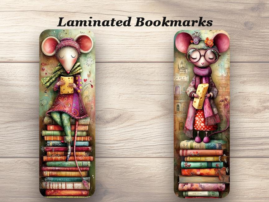 Whimsical Mice Laminated Bookmarks. Set of 4 book marks. Cheese, books or both?!! Ideal gift for mice lovers, book lovers or yourself!