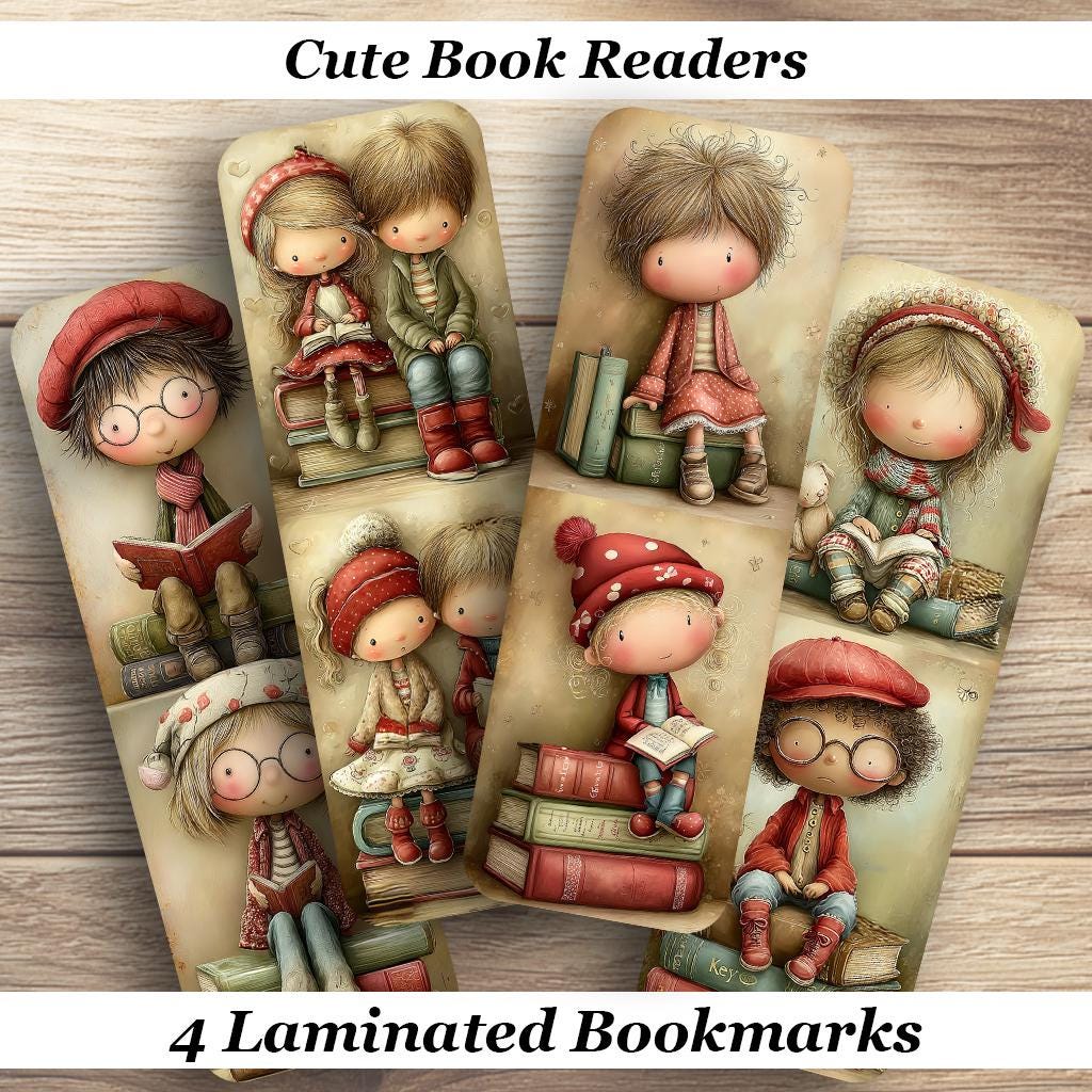 Cute Book Readers Laminated Bookmarks. Set of 4 whimsical book marks. Ideal gift for all book lovers, readers or keep for yourself.