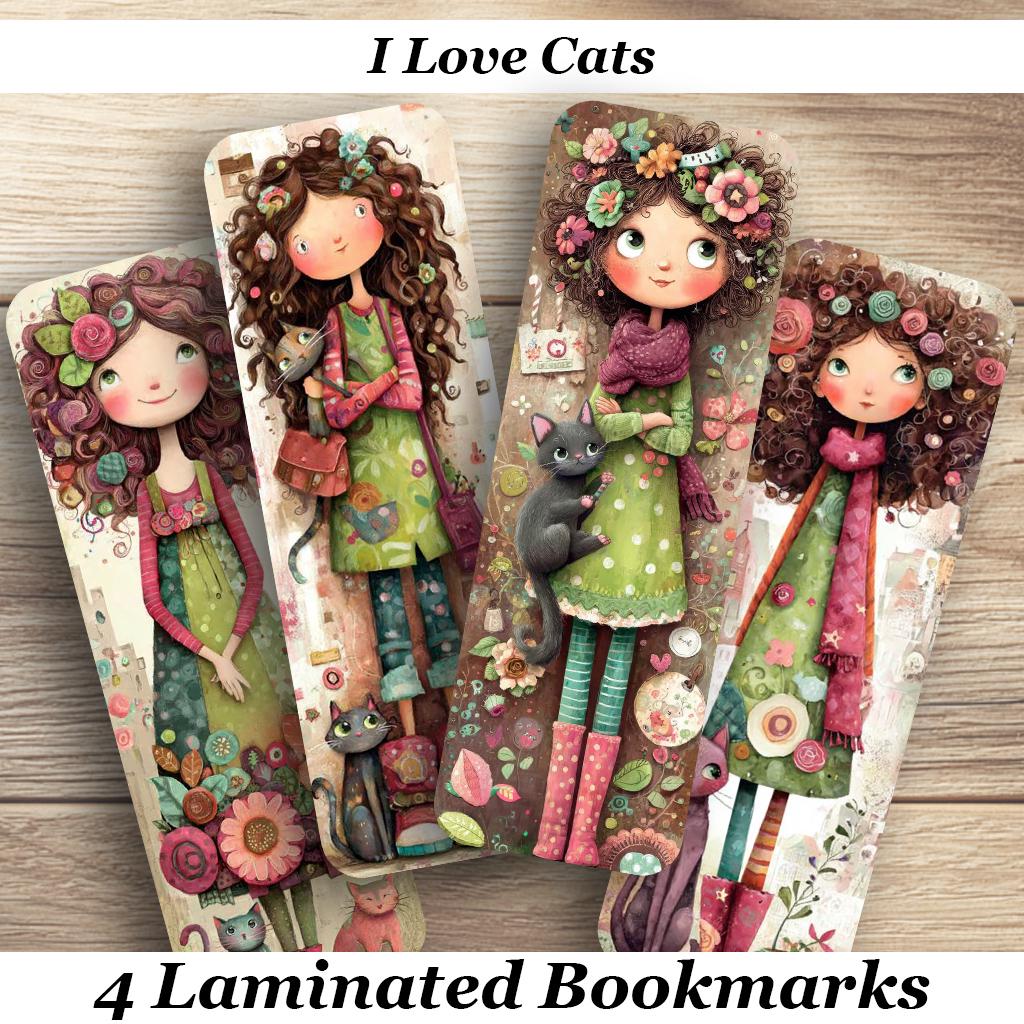 I Love Cats Bookmarks. Set of 4 Laminated Whimsical Cat Bookmarks. Gift for Book and Cats Lovers.