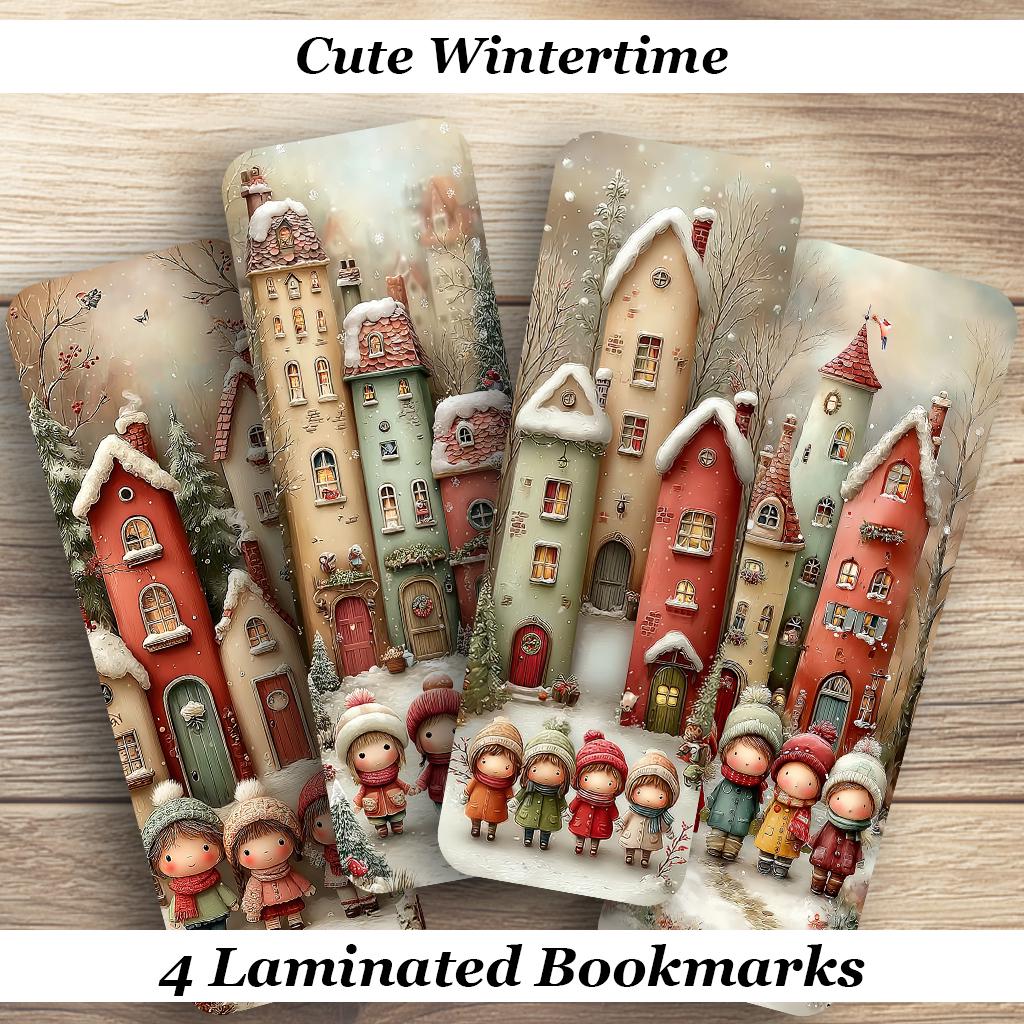 Cute Wintertime Bookmarks. Set of 4 Laminated Whimsical Winter Bookmarks. Gift for Book Lovers.