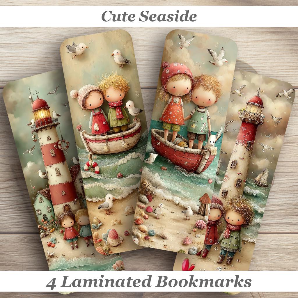 Cute Seaside Kids Bookmarks. Set of 4 Laminated Whimsical Beach Themed Bookmarks. Cute Ocean-Themed Gift