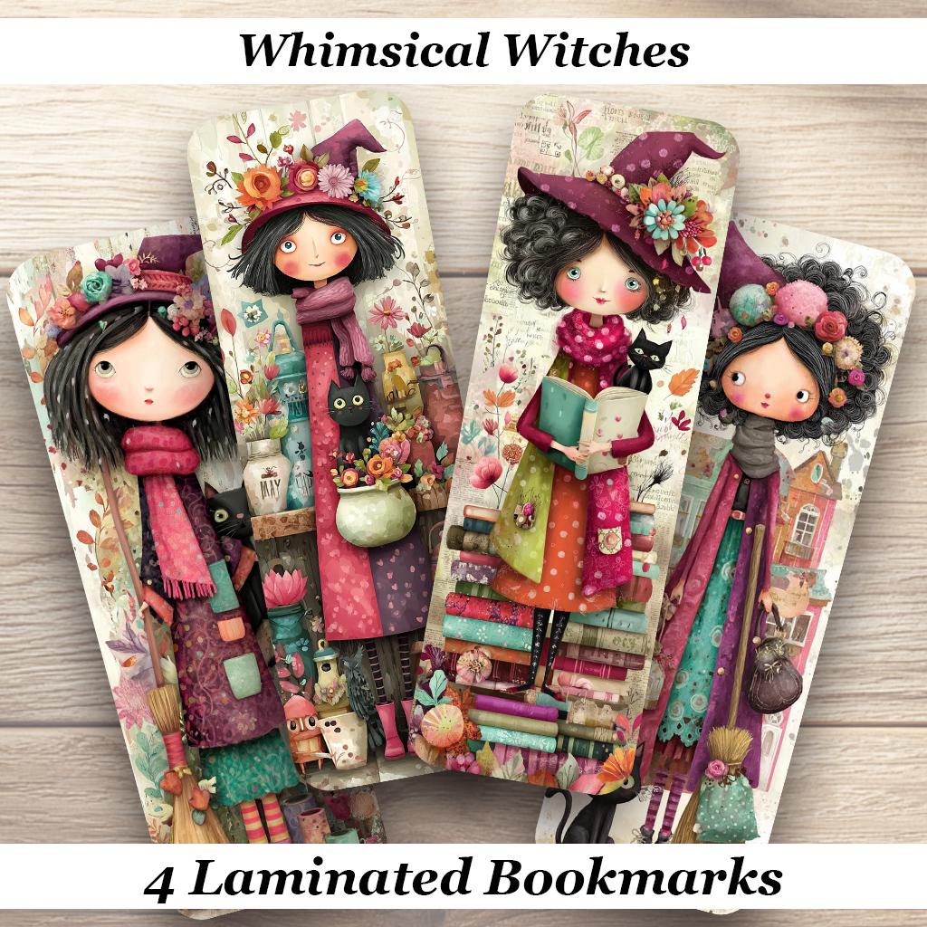 Whimsical Witches Laminated Bookmarks. Set of 4 different cute designs, ideal gift for book lovers, or yourself.