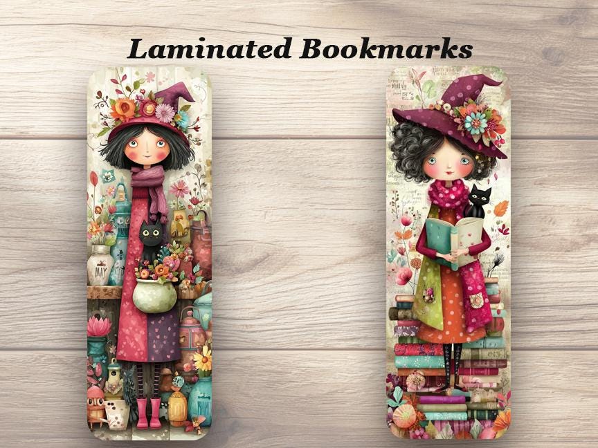 Whimsical Witches Laminated Bookmarks. Set of 4 different cute designs, ideal gift for book lovers, or yourself.