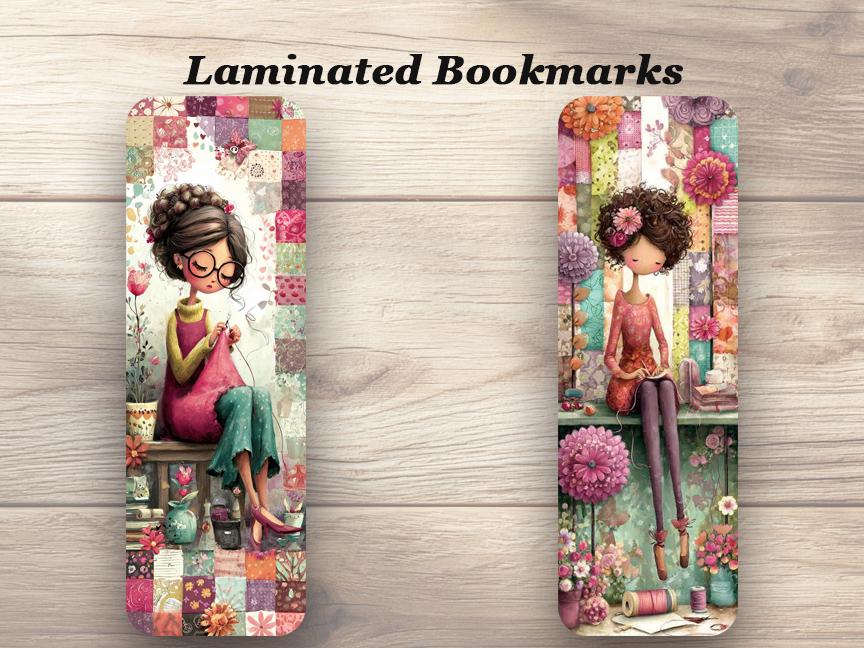 Whimsical Quilter Laminated Bookmarks. Set of 4 different designs. Gift for Book Lovers, Quilters, Book Clubs, Sewing Groups.