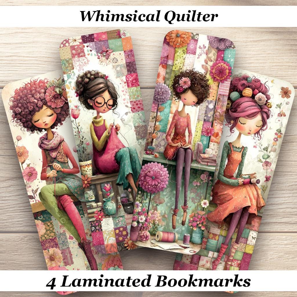 Whimsical Quilter Laminated Bookmarks. Set of 4 different designs. Gift for Book Lovers, Quilters, Book Clubs, Sewing Groups.