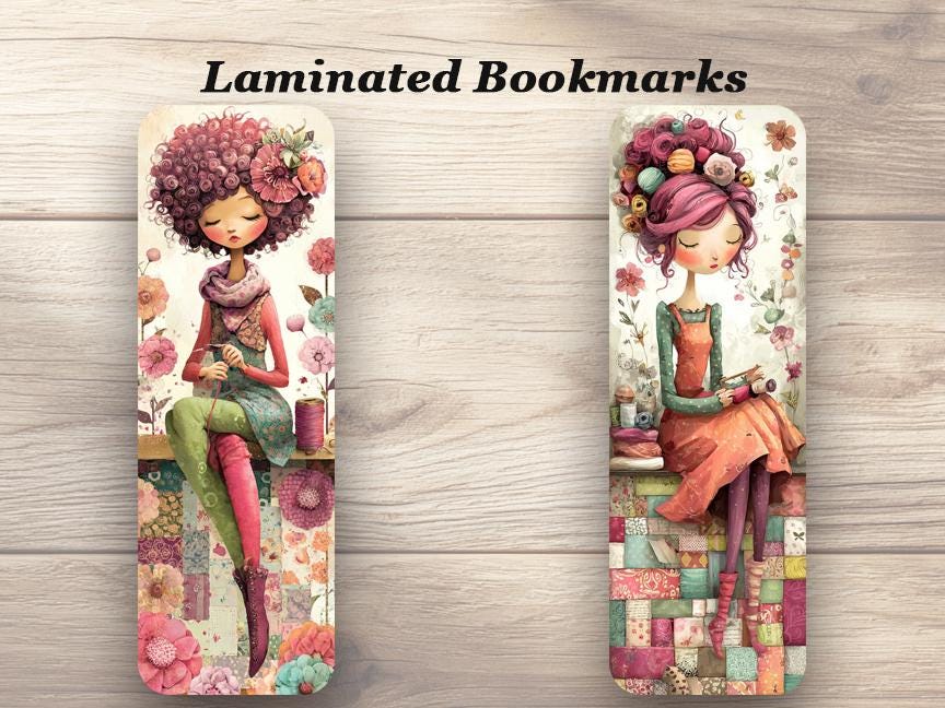 Whimsical Quilter Laminated Bookmarks. Set of 4 different designs. Gift for Book Lovers, Quilters, Book Clubs, Sewing Groups.