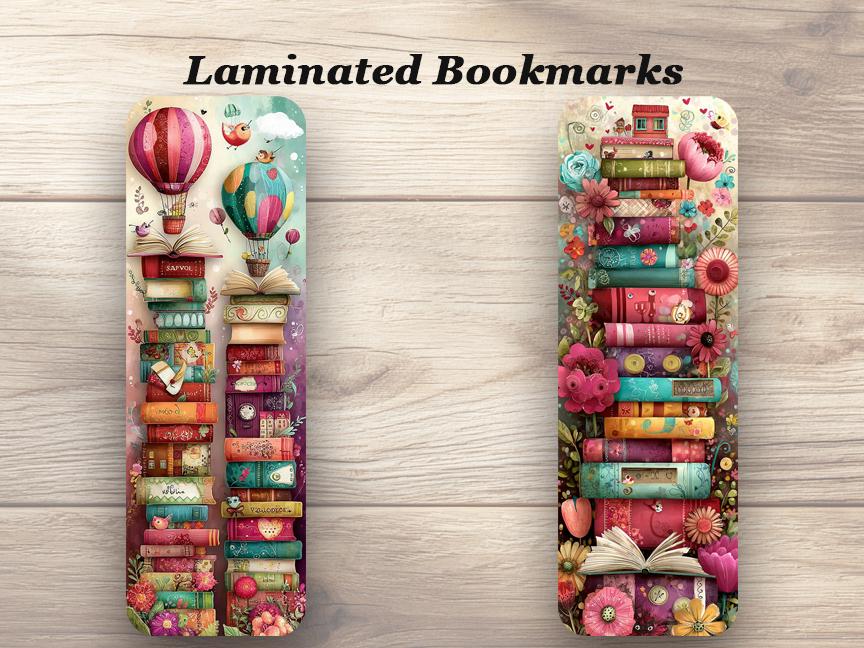 Books, Books & More Books Laminated Bookmarks. Set of 4 different whimsical designs. Gift for book lovers, book clubs, or yourself!