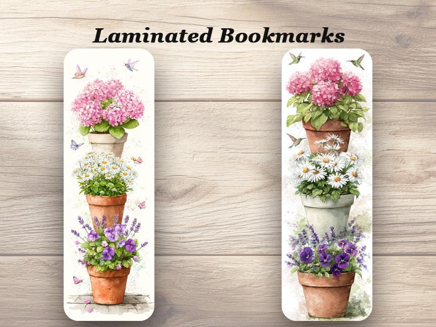Fragrant Flower Pots Laminated Bookmarks Set of 4 Pretty Floral Garden Bookmarks Cute Plant Lover Gift, Book Lover Gift or just for yourself
