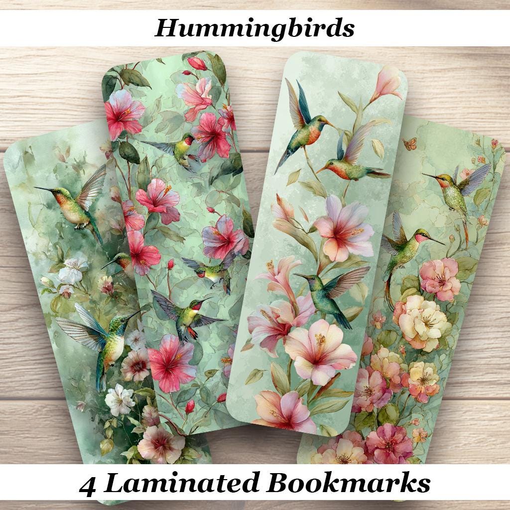 Hummingbird Laminated Bookmarks Set of 4 – Floral Bird Bookmarks 2x6 Inches – Nature Lover Gift – Reader Gift – Garden Inspired Bookmark Set