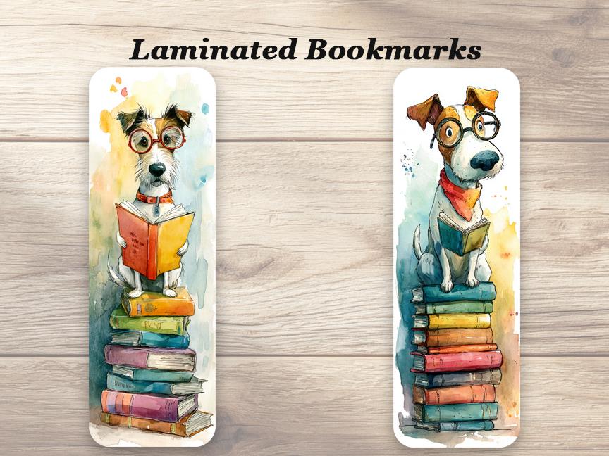 Alfie and Friends Laminated Bookmark Set of 4 different whimsical designs. Ideal gift, dog owners, book lovers or for you!