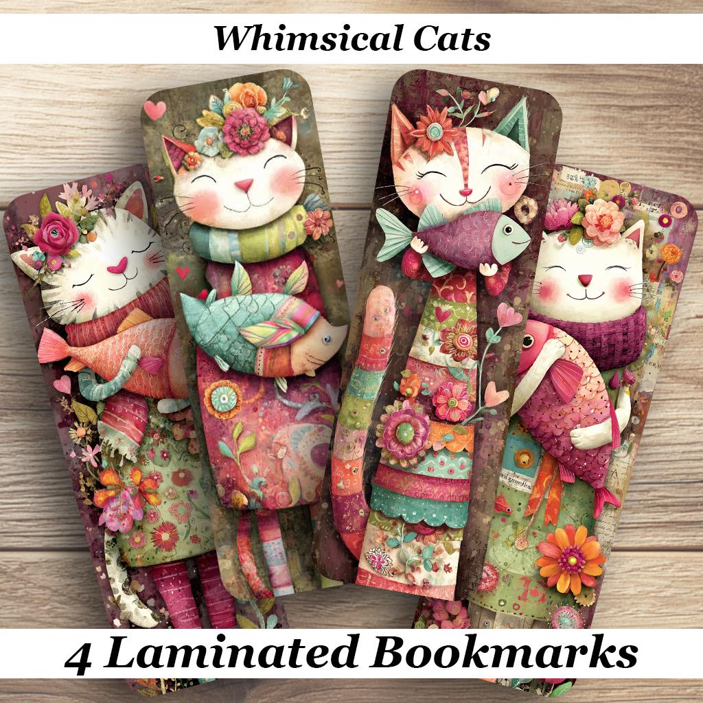 Whimsical Cats Laminated Bookmarks. Set of 4 cute cat book marks. Ideal gift for book lovers, Readers or for yourself!